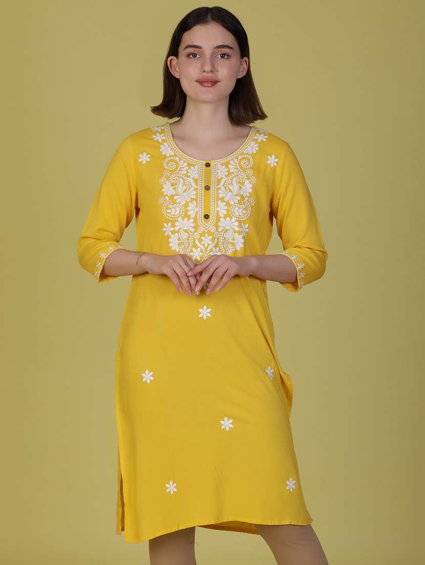 women solid with work three quarter sleeve straight kurta