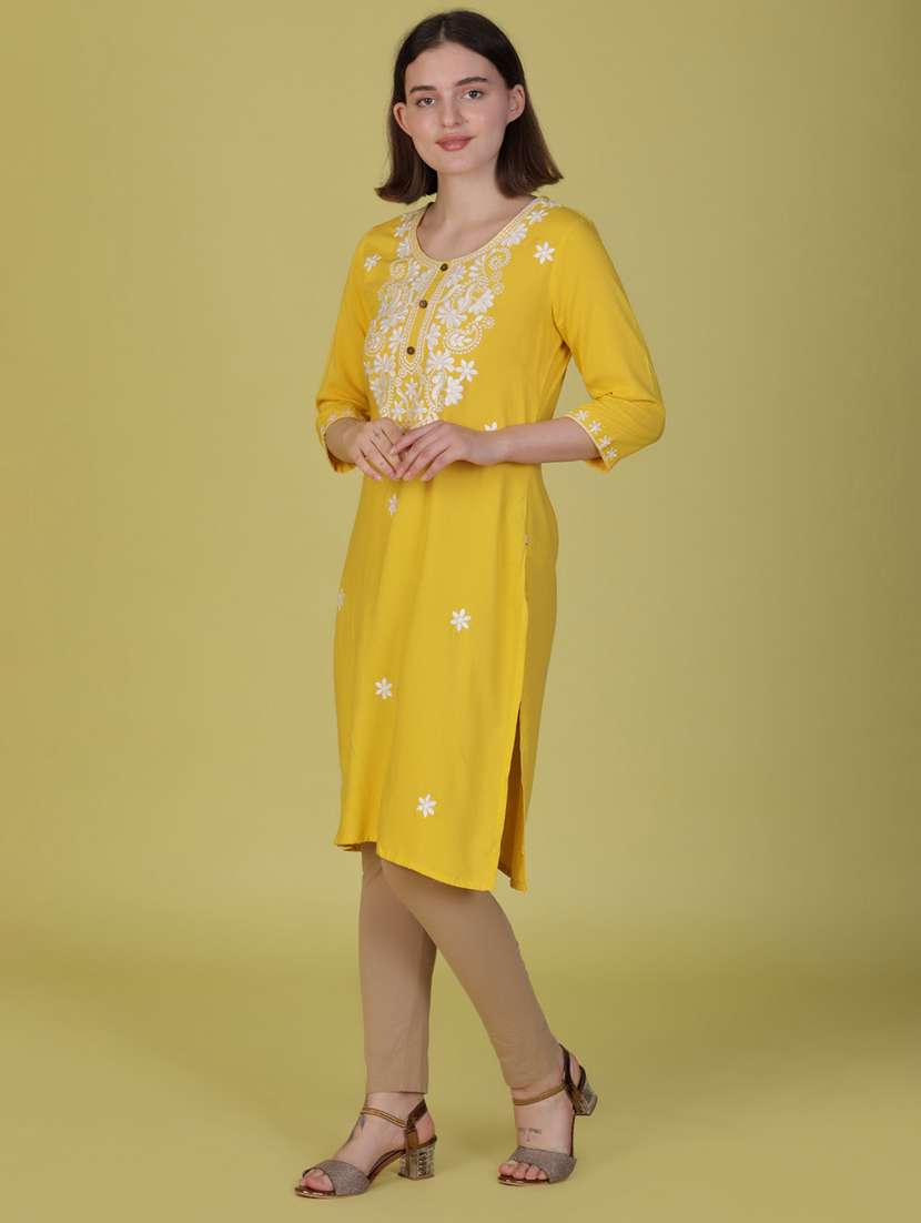 women solid with work three quarter sleeve straight kurta - 21951505 -  Standard Image - 2