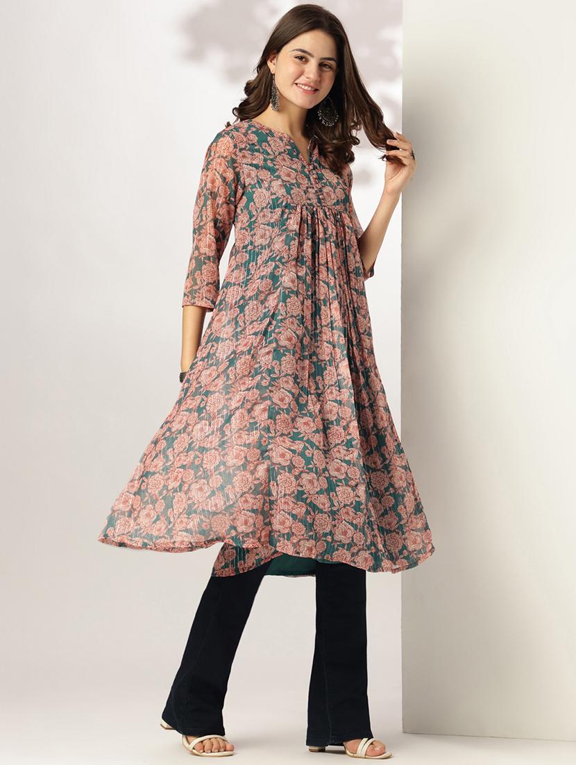 women floral three quarter sleeve flared kurta - 21951795 - Standard Image - 2