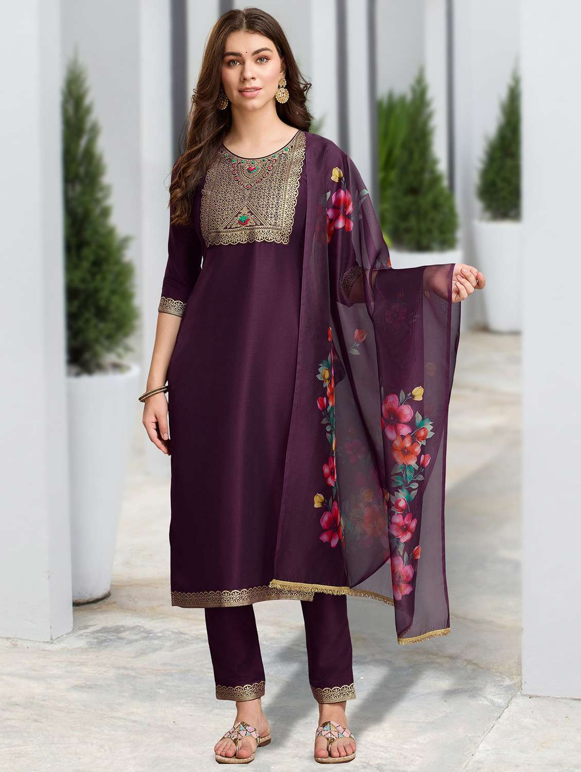 women three quarter sleeve kurta pant with dupatta set