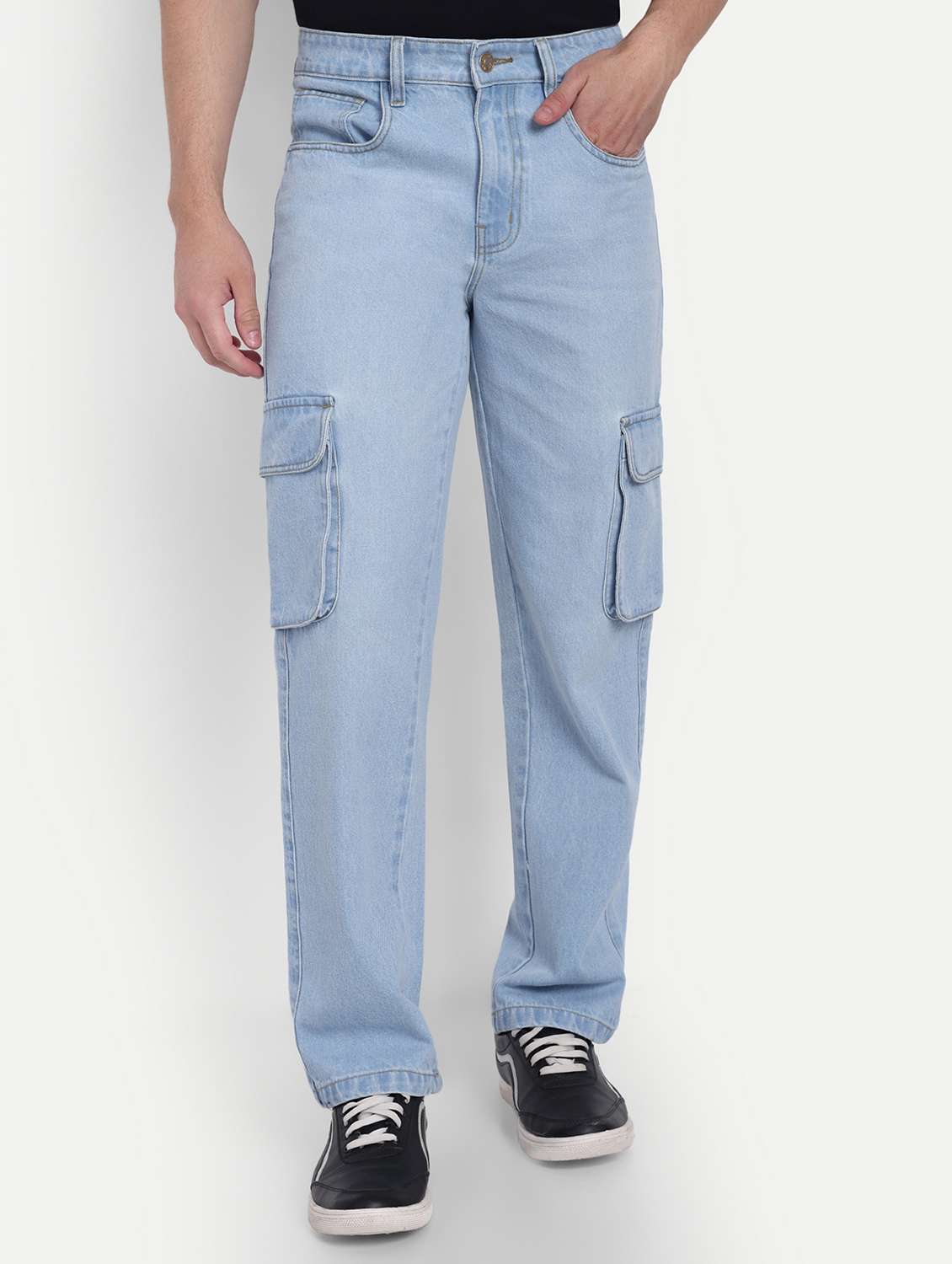 men light blue solid mid rise denim cargo