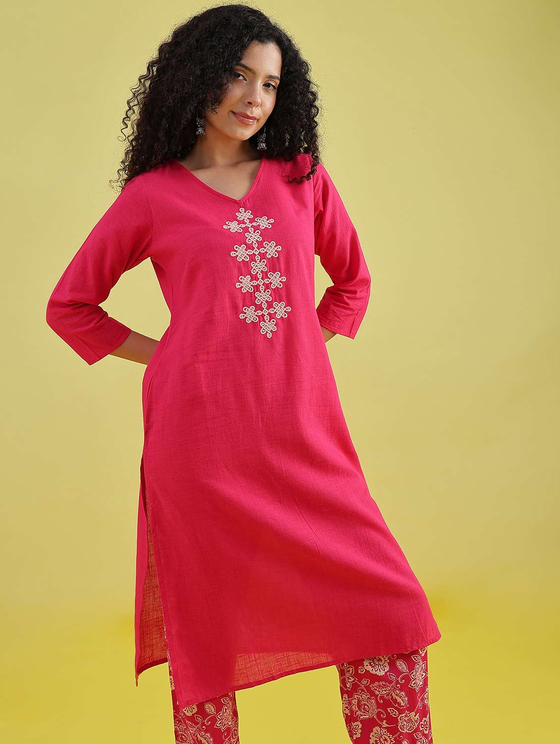 women pink embroidered straight kurta