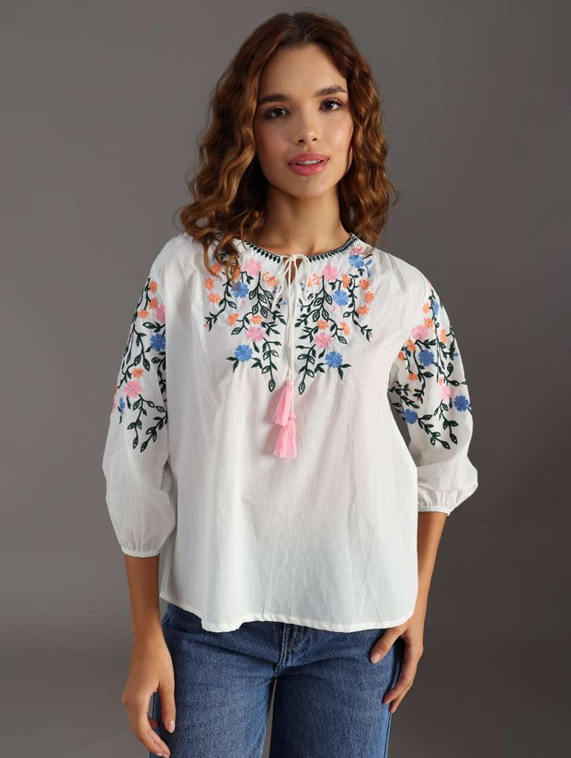 women embroidered puff sleeve regular top