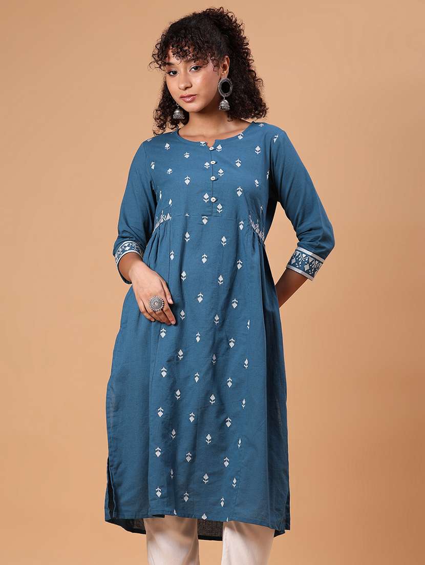 women embroidered three quarter sleeve a-line kurta