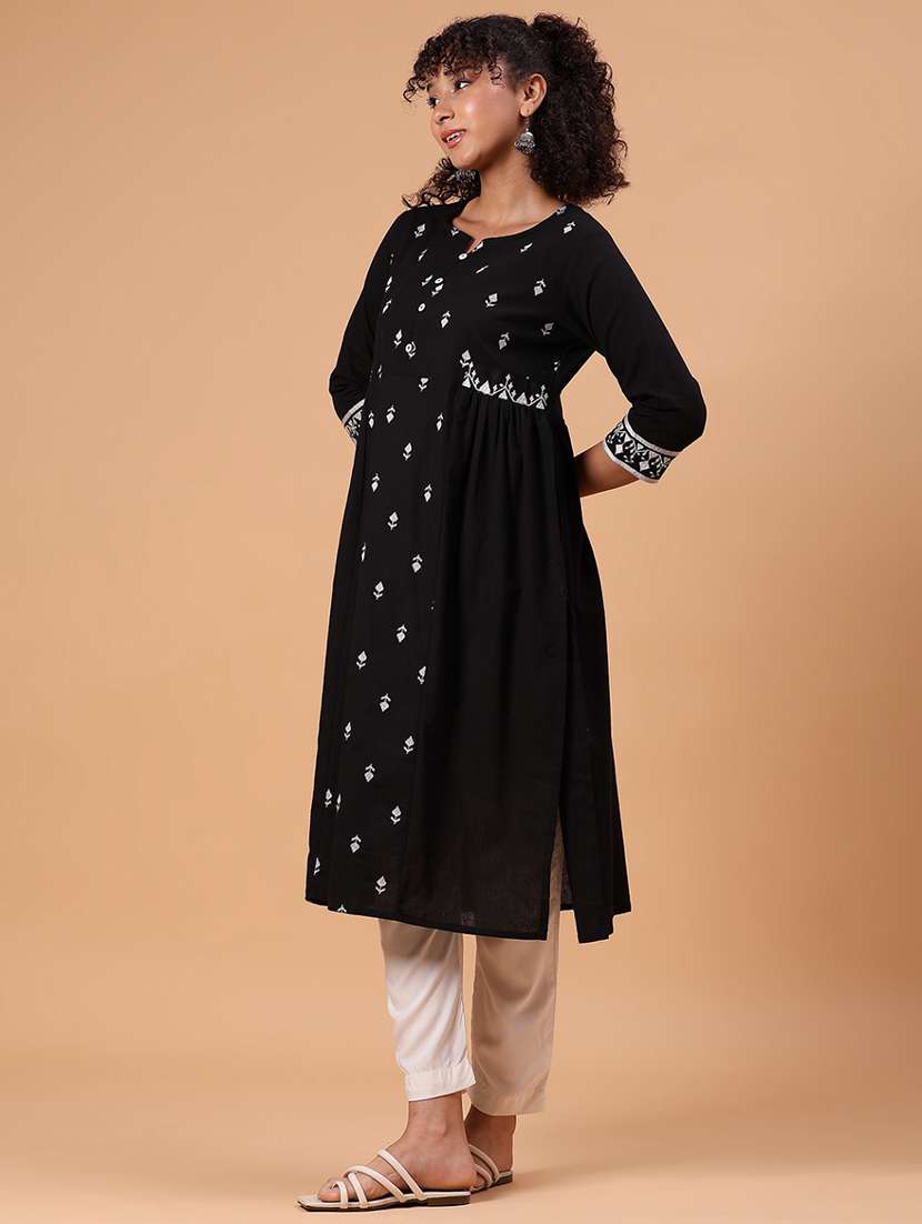 women embroidered three quarter sleeve a-line kurta - 21952066 -  Standard Image - 2