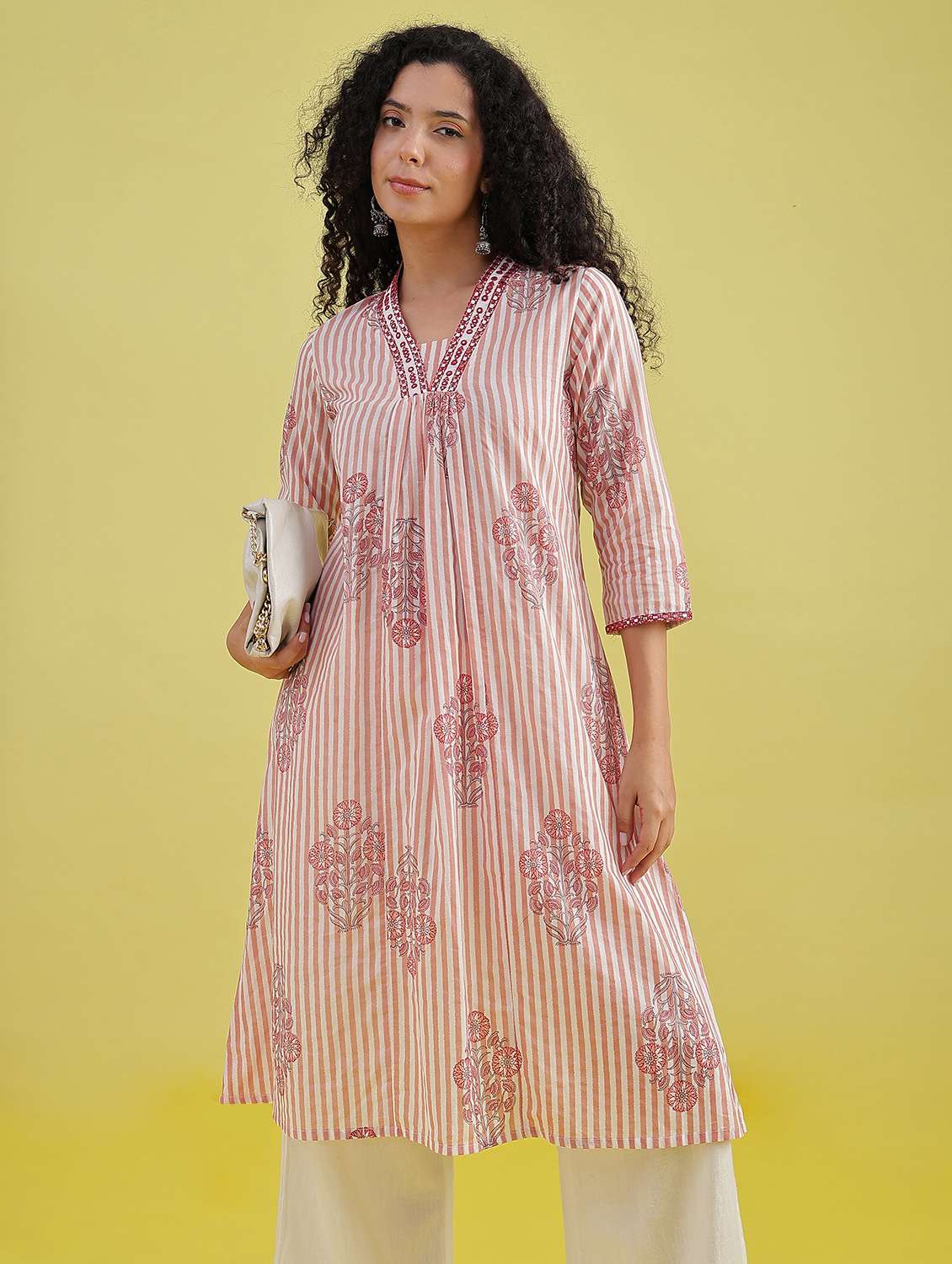 women printed three quarter sleeve a-line kurta