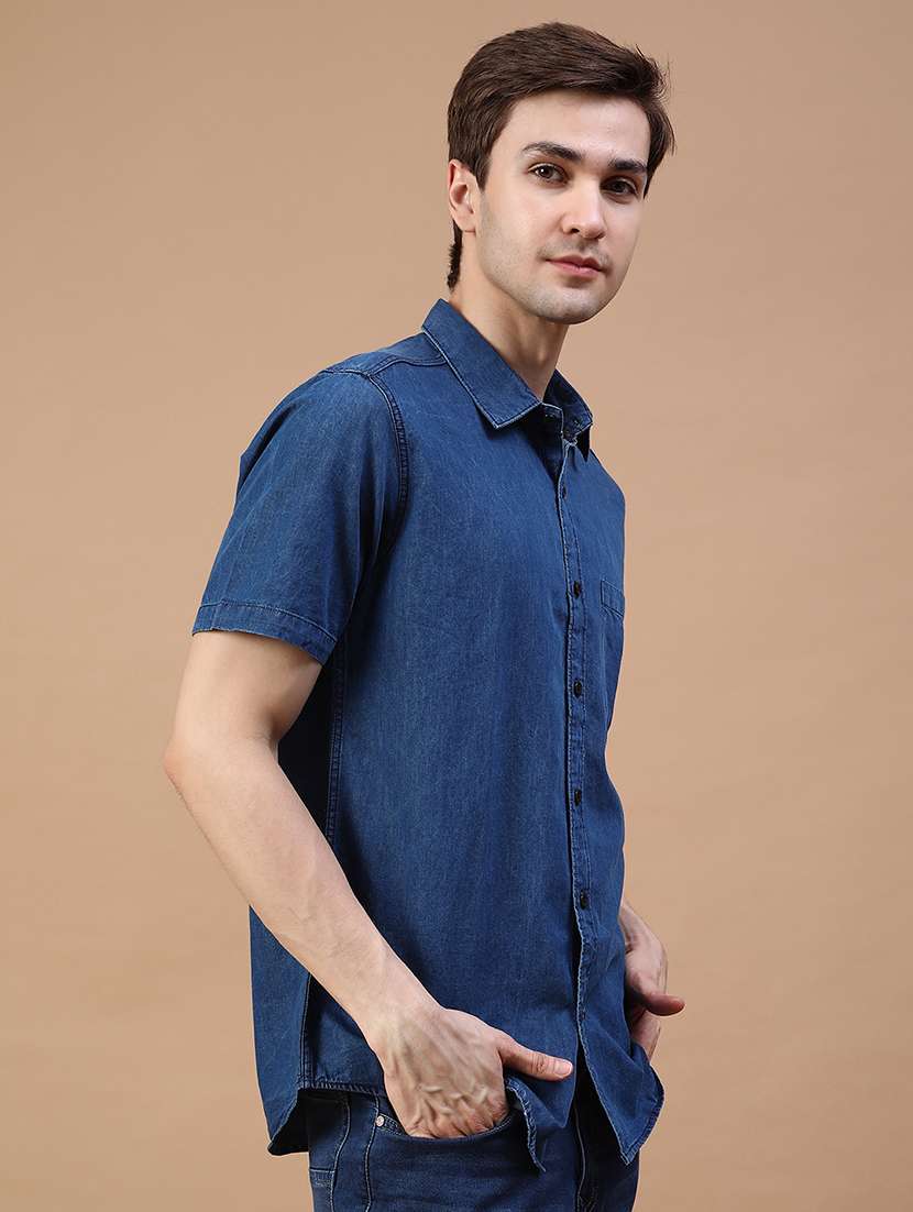 men solid short sleeve collared denim shirt - 21952398 -  Standard Image - 2
