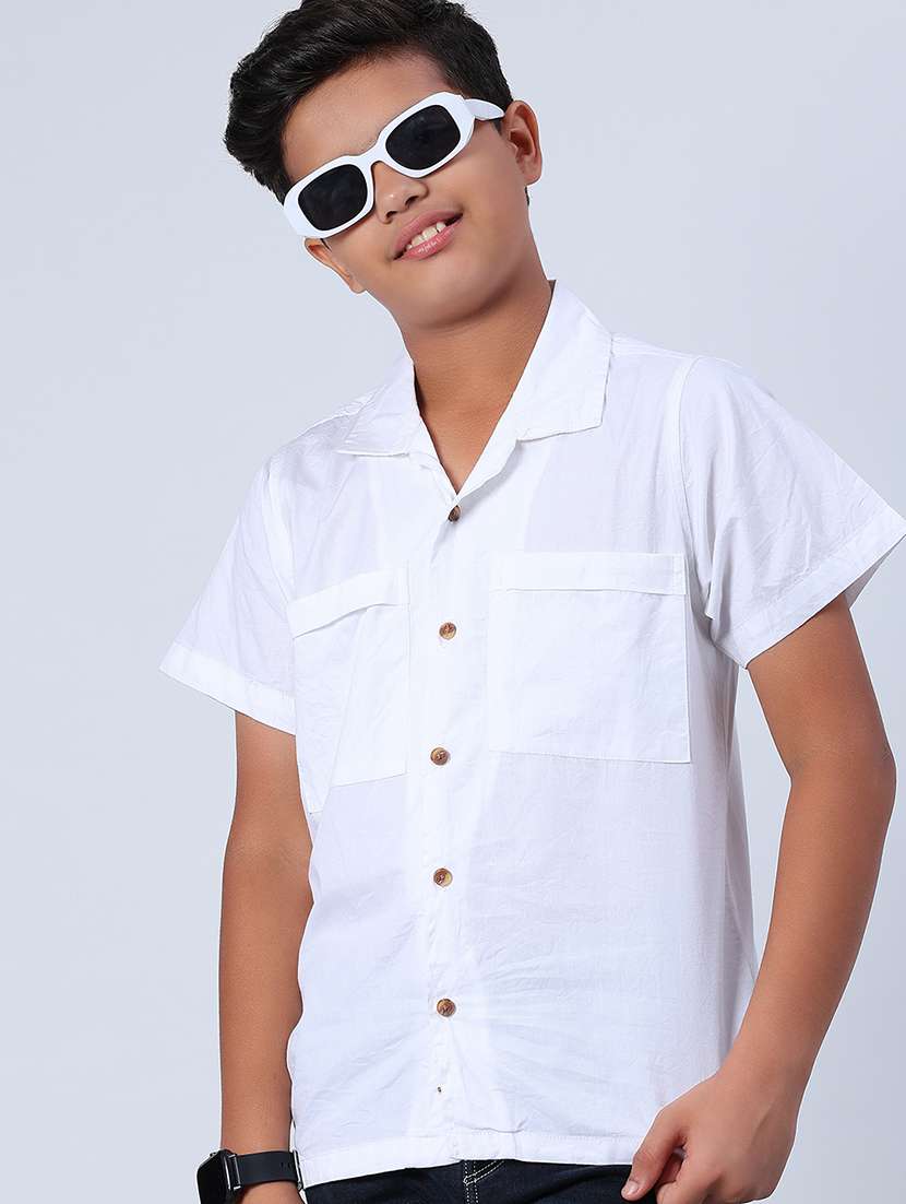 boys solid cuban collar short sleeve shirt