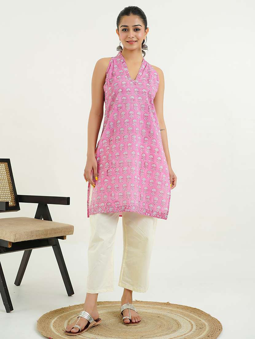 women floral printed halter neck a-line kurta