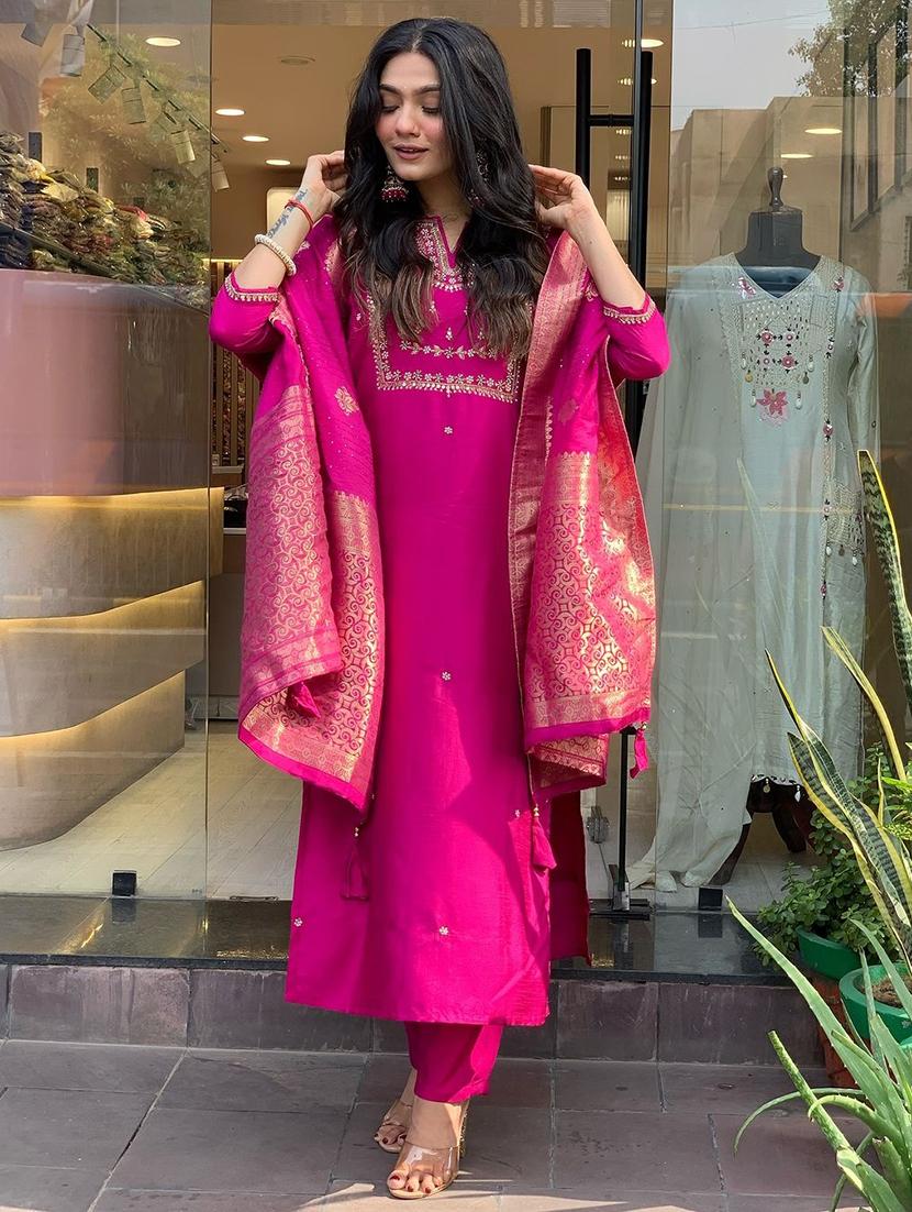 women three quarter sleeve kurta pant with dupatta set