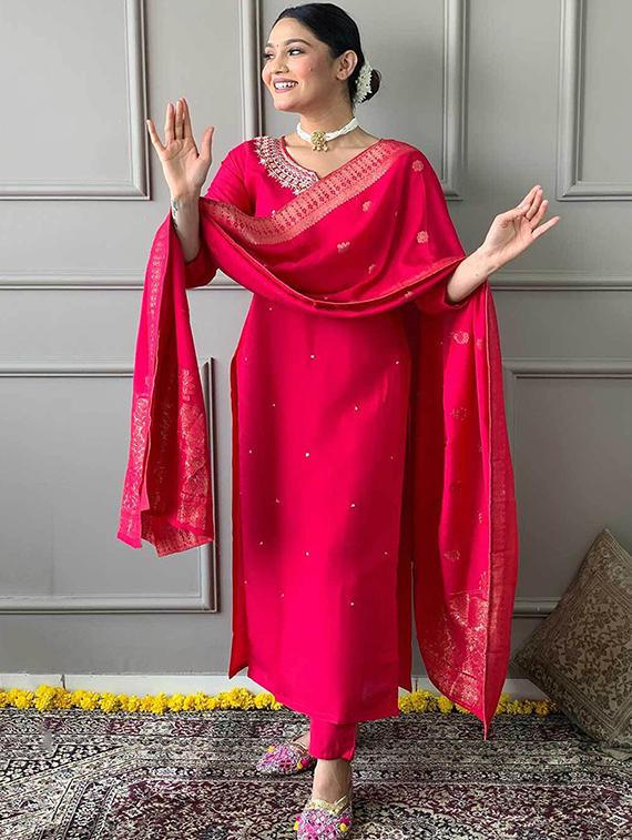 women three quarter sleeve kurta pant with dupatta set - 21954186 - Standard Image - 2