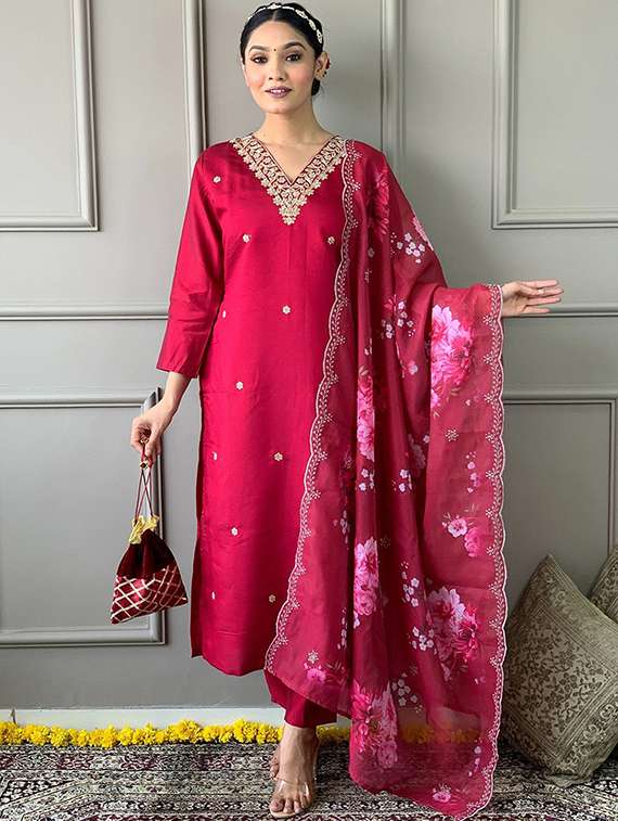 women three quarter sleeve kurta pant with dupatta set