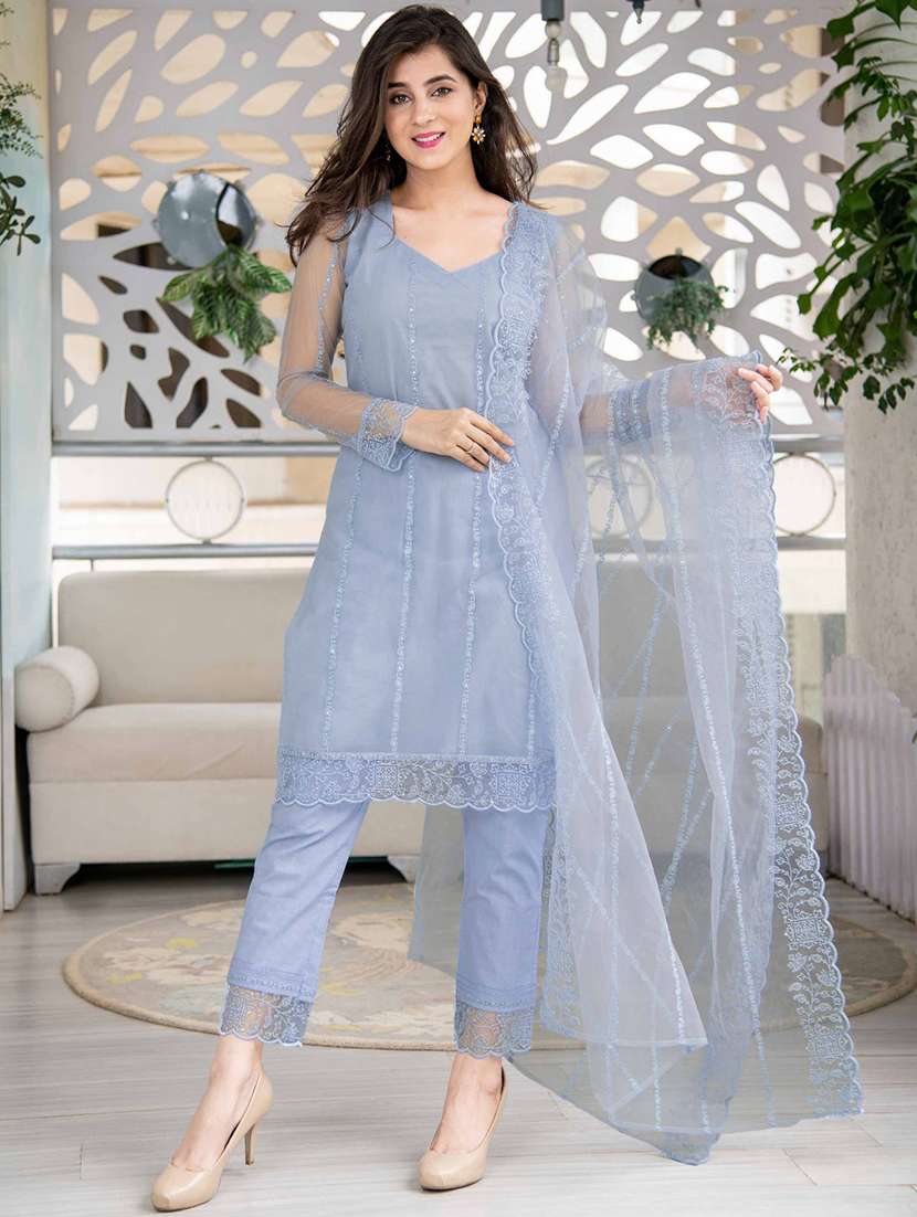 women embroidered long sleeve kurta pant with dupatta set