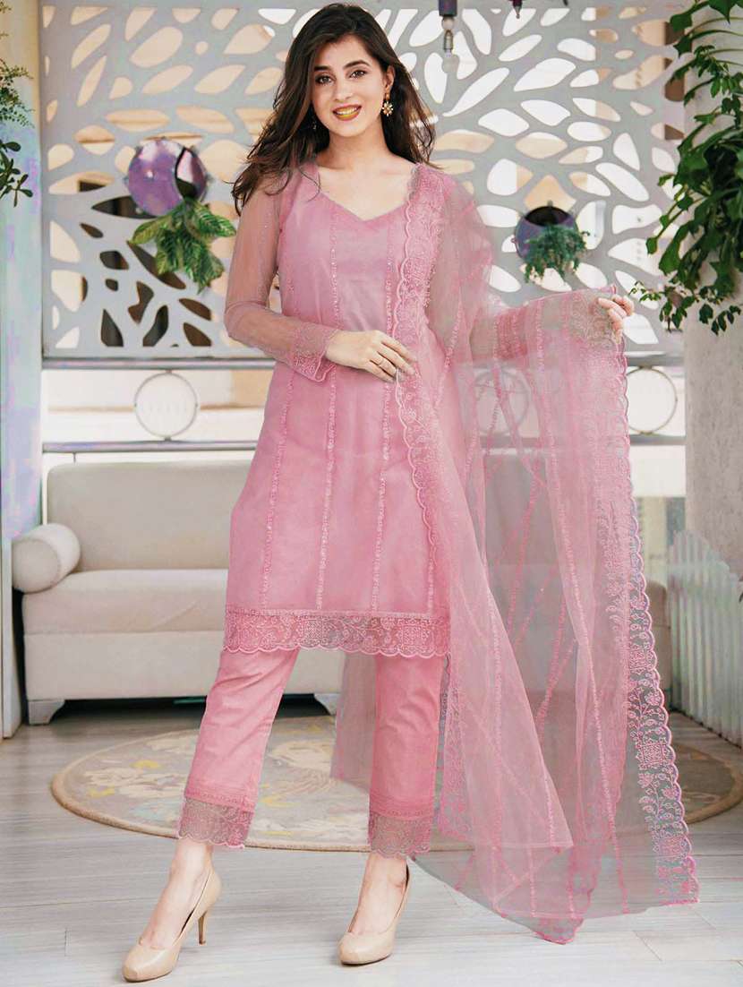 women embroidered long sleeve kurta pant with dupatta set