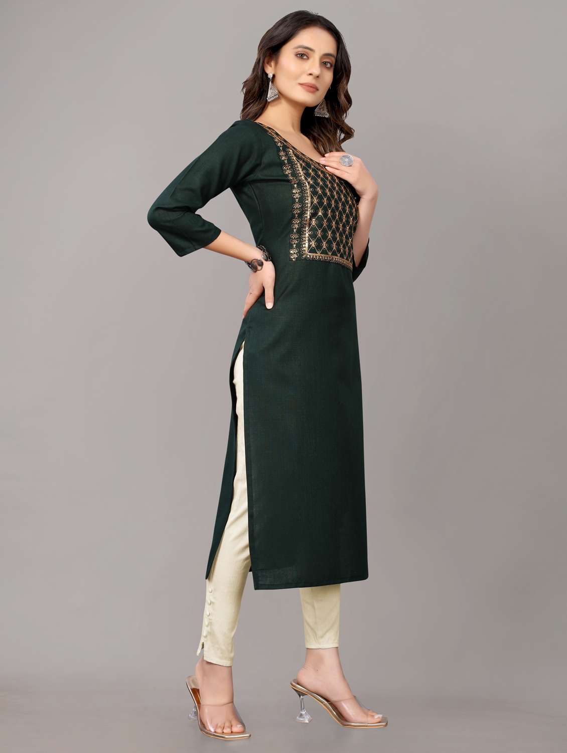 women solid with work three quarter sleeve straight kurta - 21954335 - Standard Image - 2