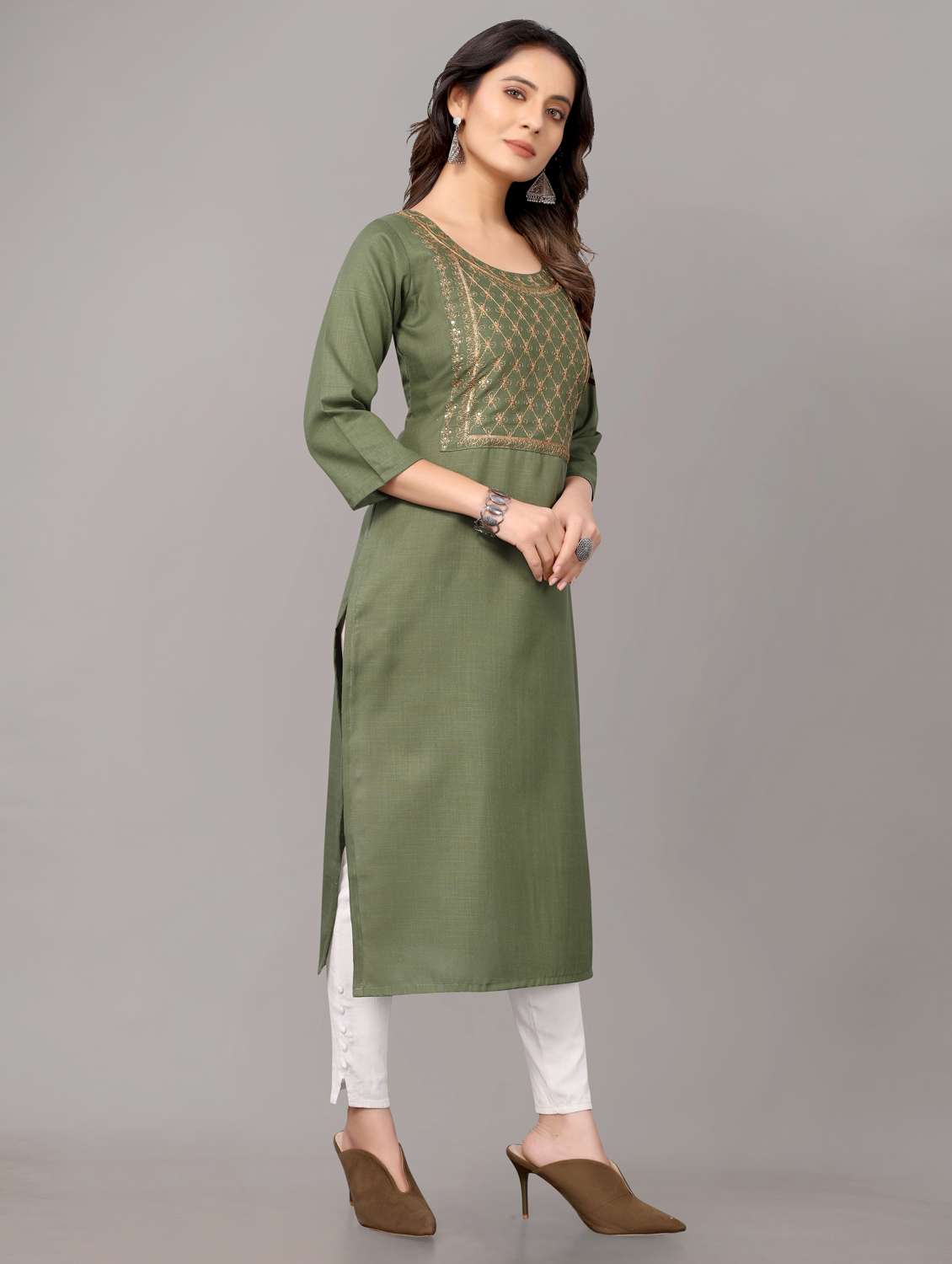 women solid with work three quarter sleeve straight kurta - 21954338 - Standard Image - 2