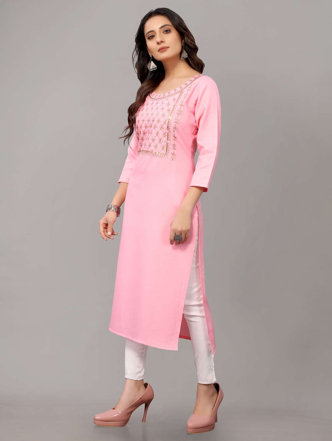 women solid with work three quarter sleeve straight kurta - 21954339 - Standard Image - 2