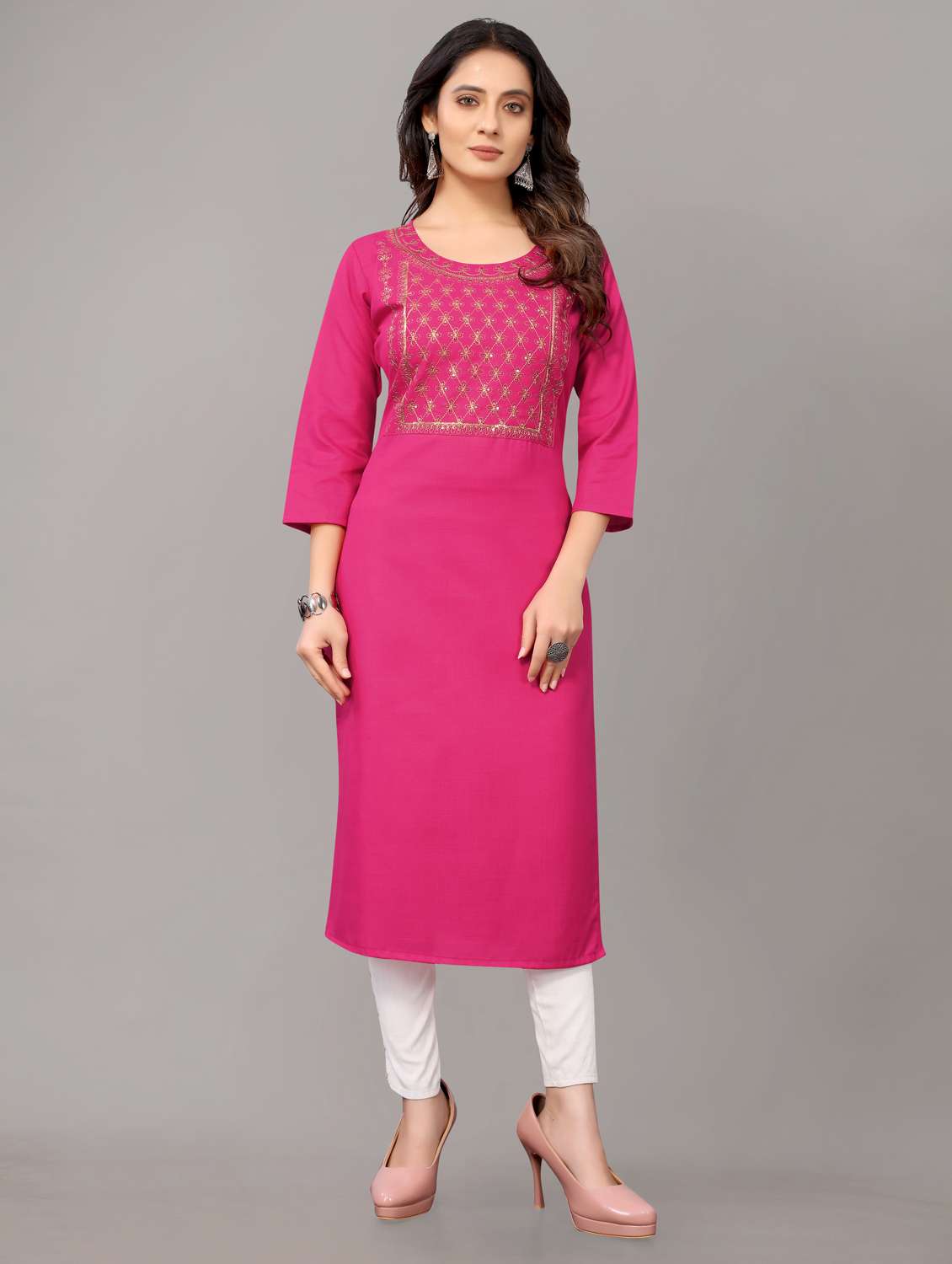 women solid with work three quarter sleeve straight kurta  - 21954340 -  Zoom Image - 0