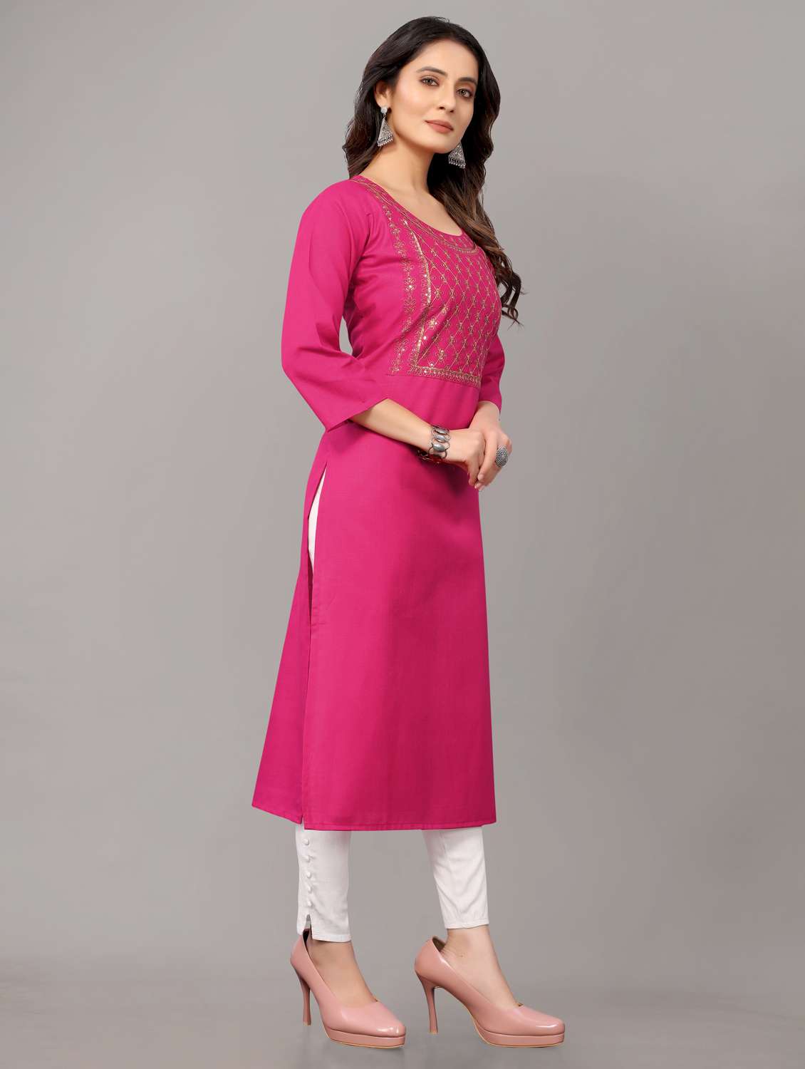 women solid with work three quarter sleeve straight kurta - 21954340 - Standard Image - 2