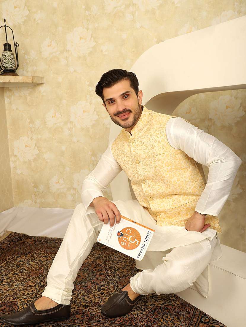 men mandarin neck kurta pyjama with jacket ethnic wear set - 21954430 -  Standard Image - 2