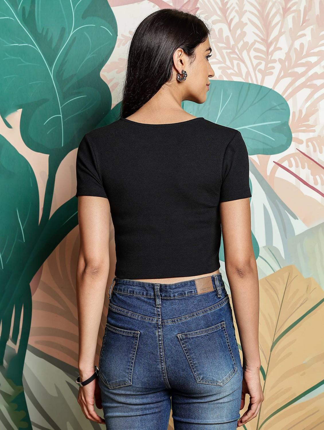 women solid round neck crop top - 21954436 - Standard Image - 2