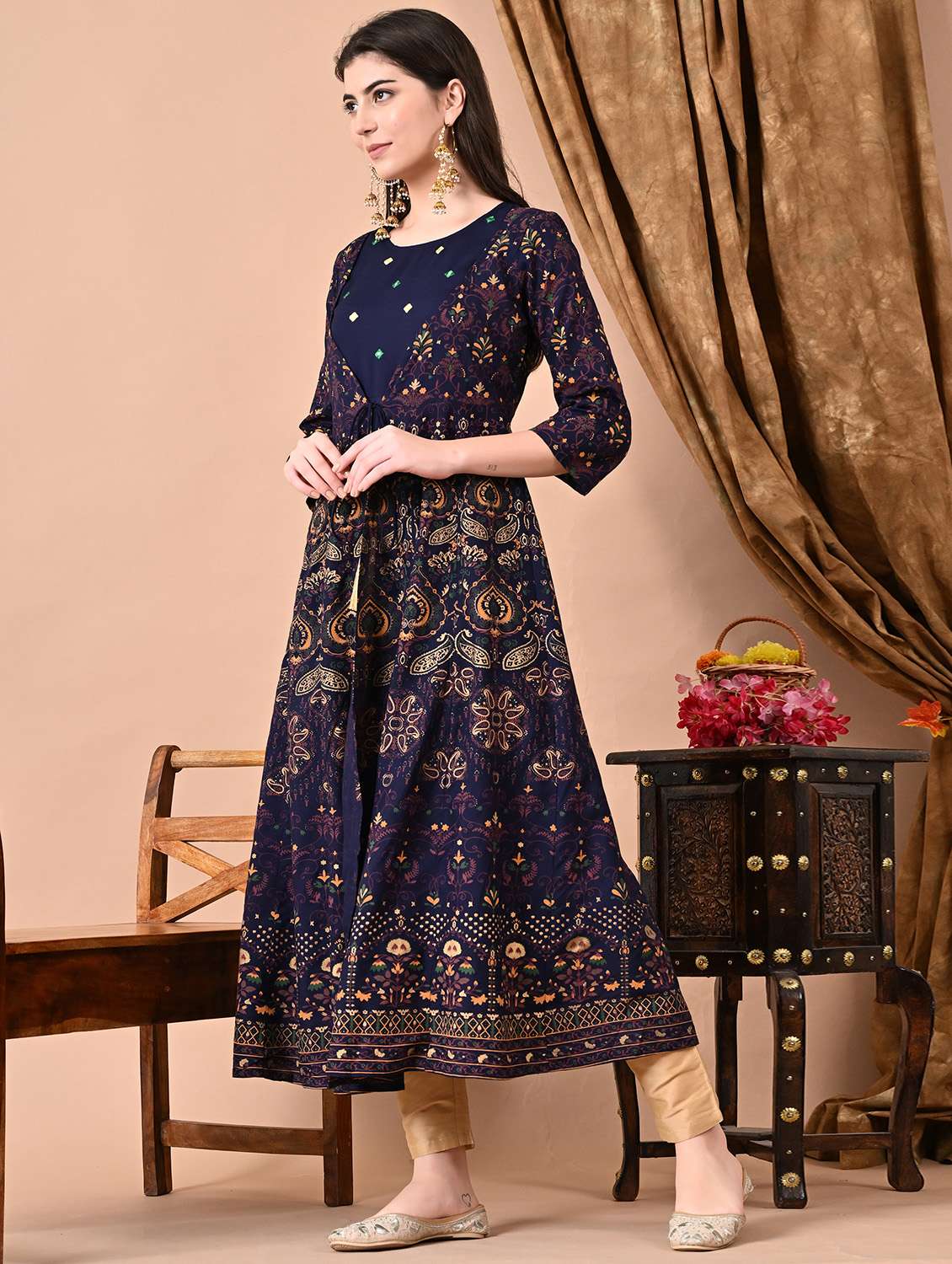 women three quarter sleeve a-line ethnic dress - 21954449 - Standard Image - 2