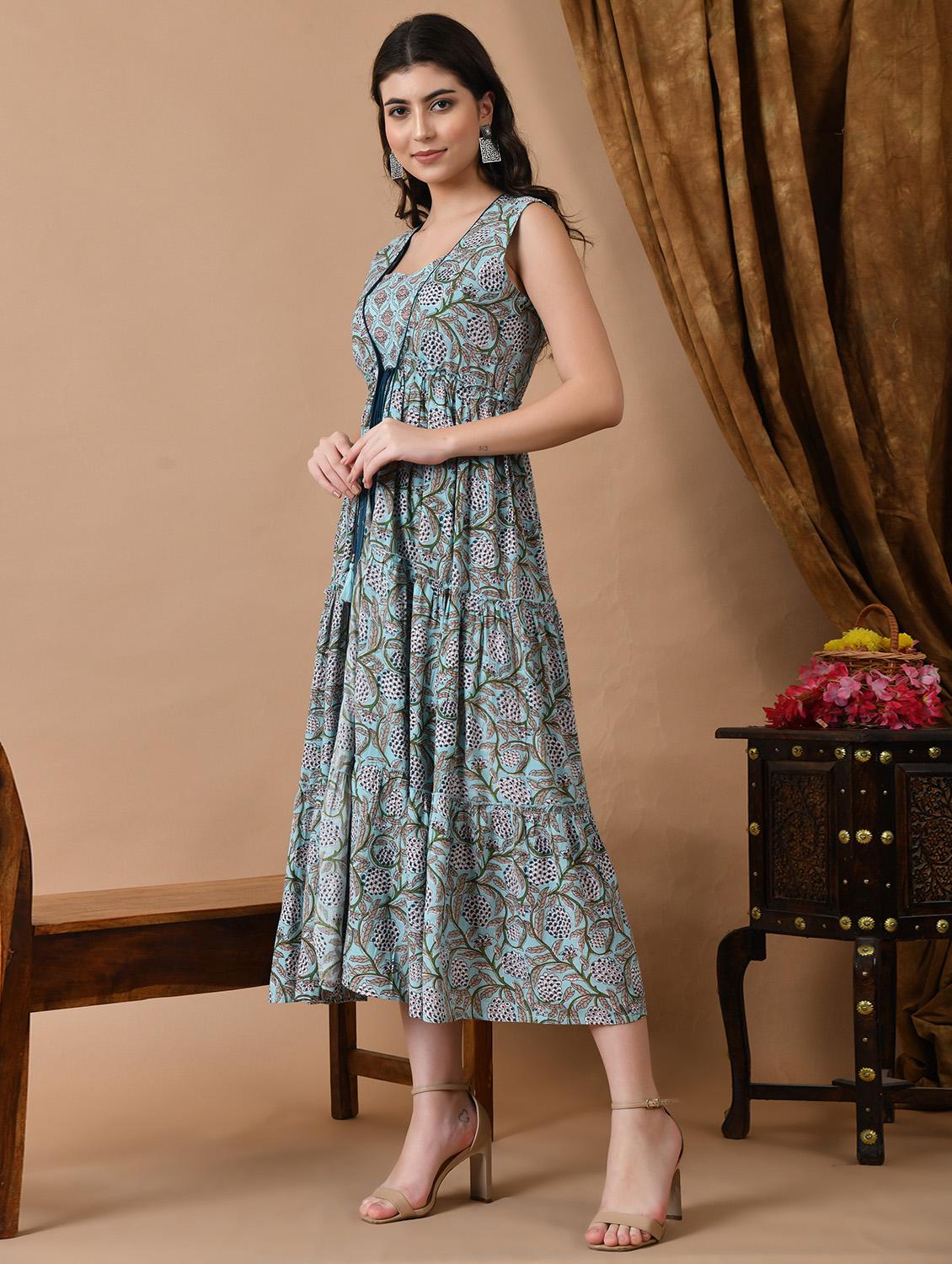women light blue printed sleeveless tiered ethnic dress - 21954450 - Standard Image - 2