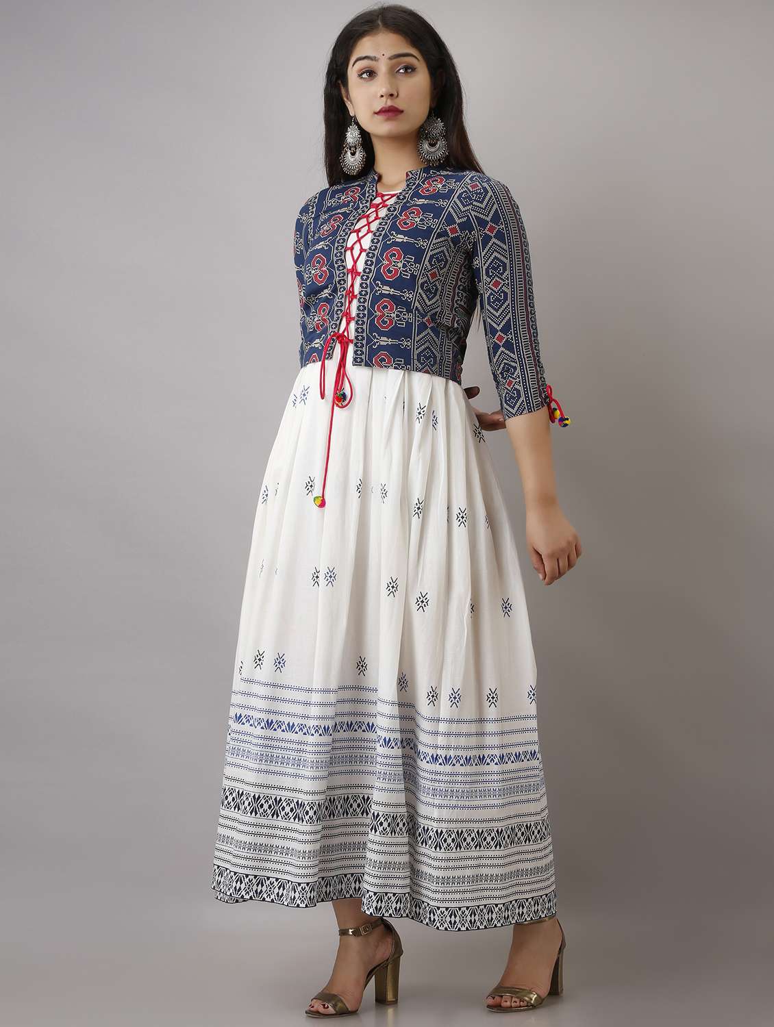 women three quarter sleeve kurta with jacket ethnic dress