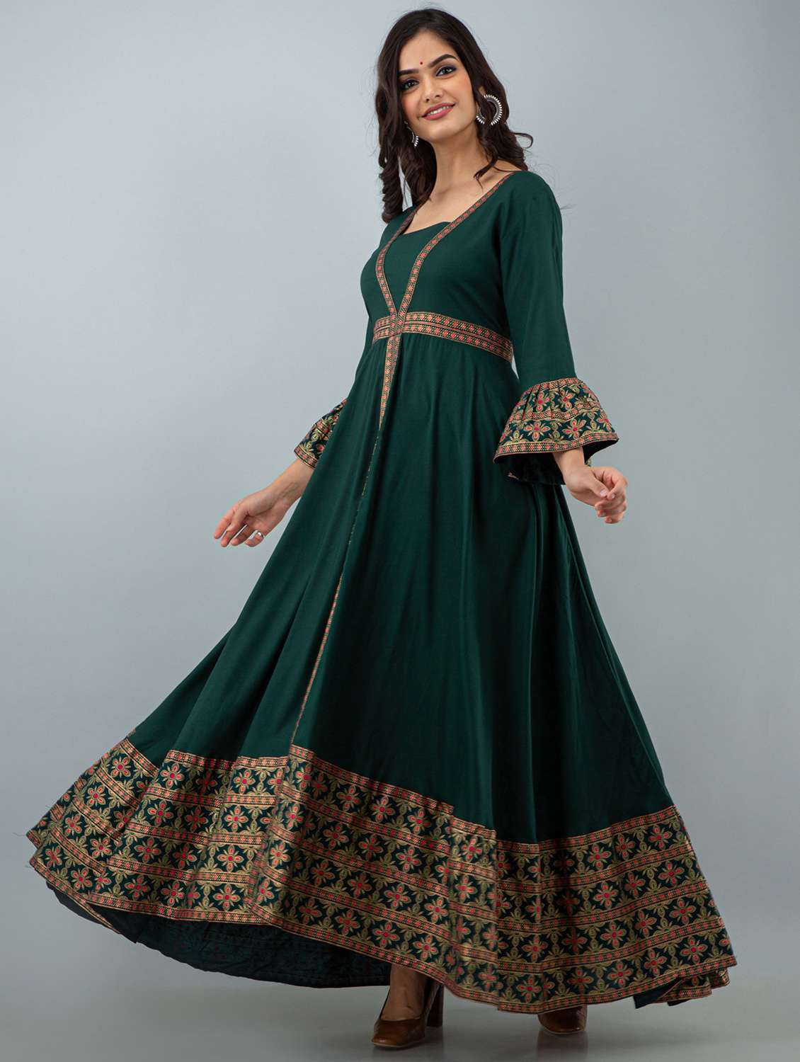 women three quarter sleeve flared ethnic dress - 21954464 -  Standard Image - 2