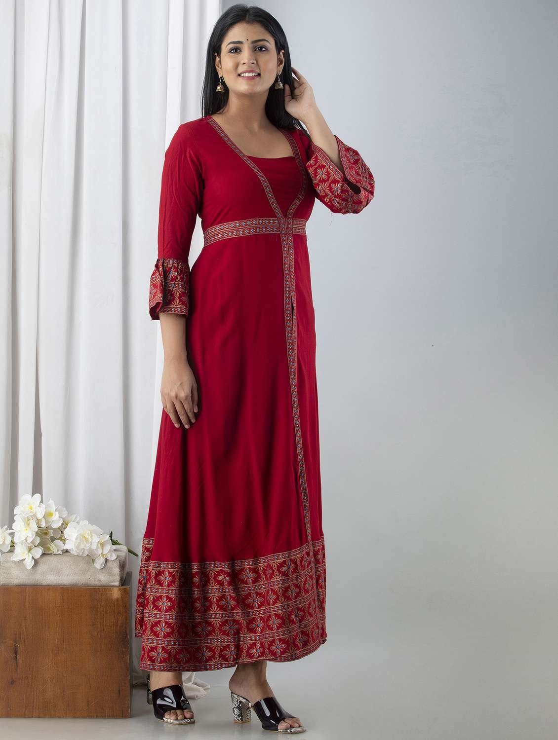 women three quarter sleeve flared ethnic dress - 21954465 -  Standard Image - 2