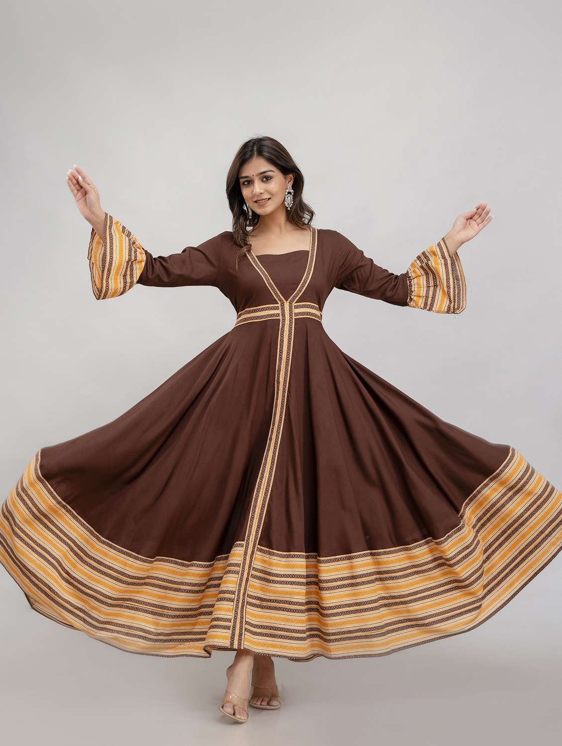 women three quarter sleeve flared ethnic dress - 21954466 - Standard Image - 2