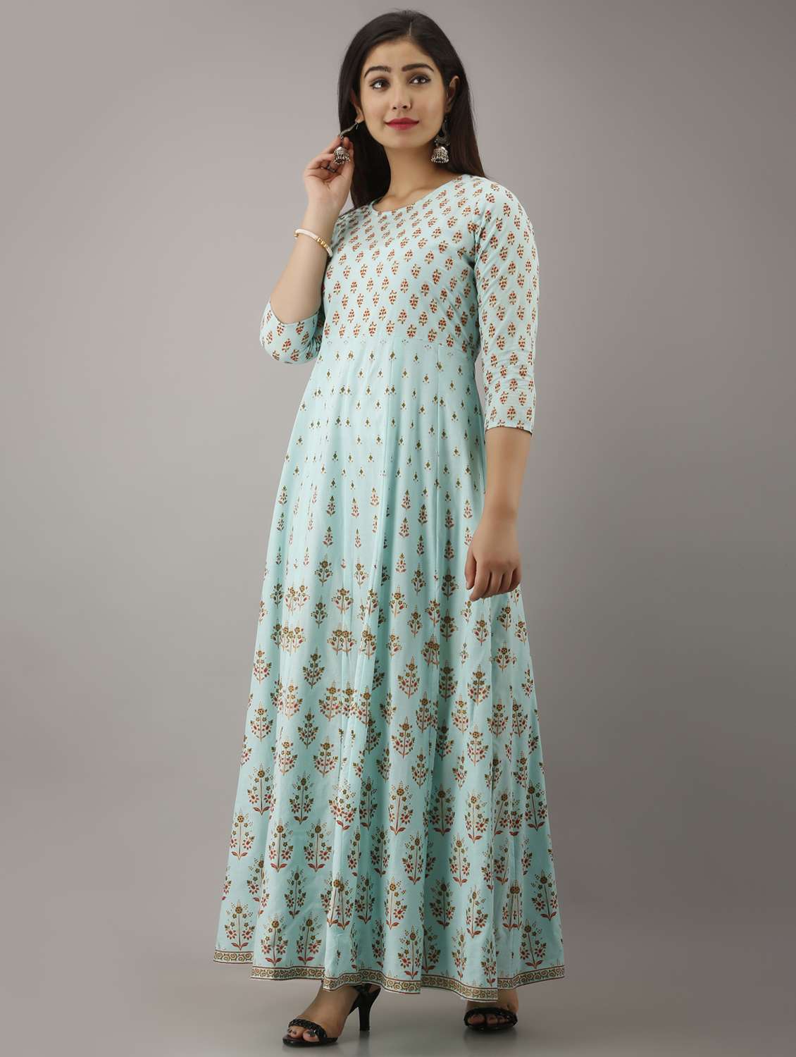 women three quarter sleeve anarkali ethnic dress - 21954467 - Standard Image - 2