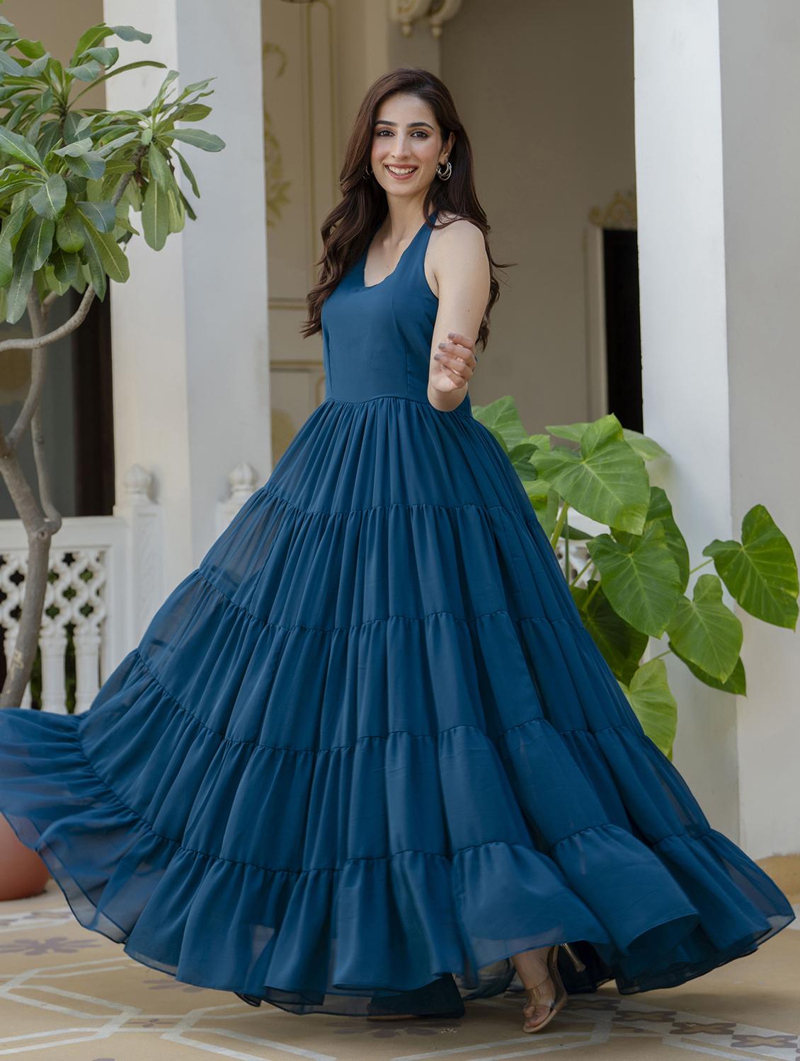 women teal solid halter neck tiered dress - 21954471 - Standard Image - 2
