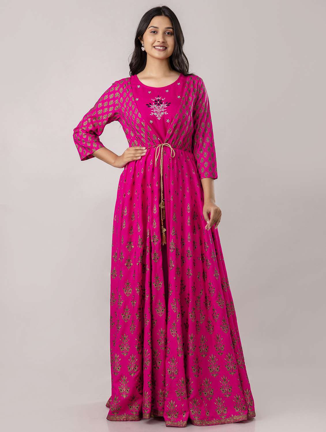 women three quarter sleeve flared ethnic dress - 21954473 - Standard Image - 2