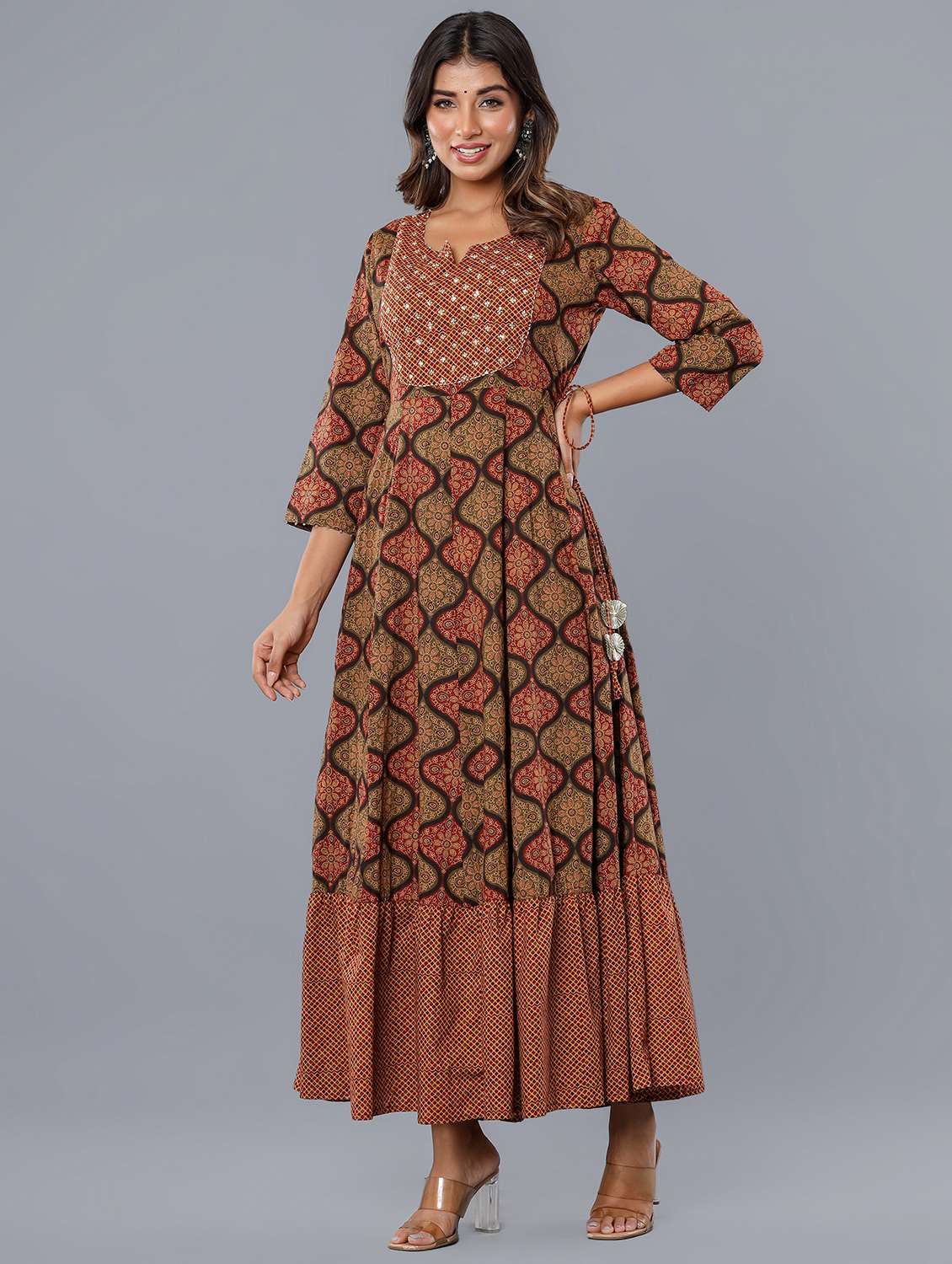 women three quarter sleeve tiered ethnic dress - 21954475 - Standard Image - 2