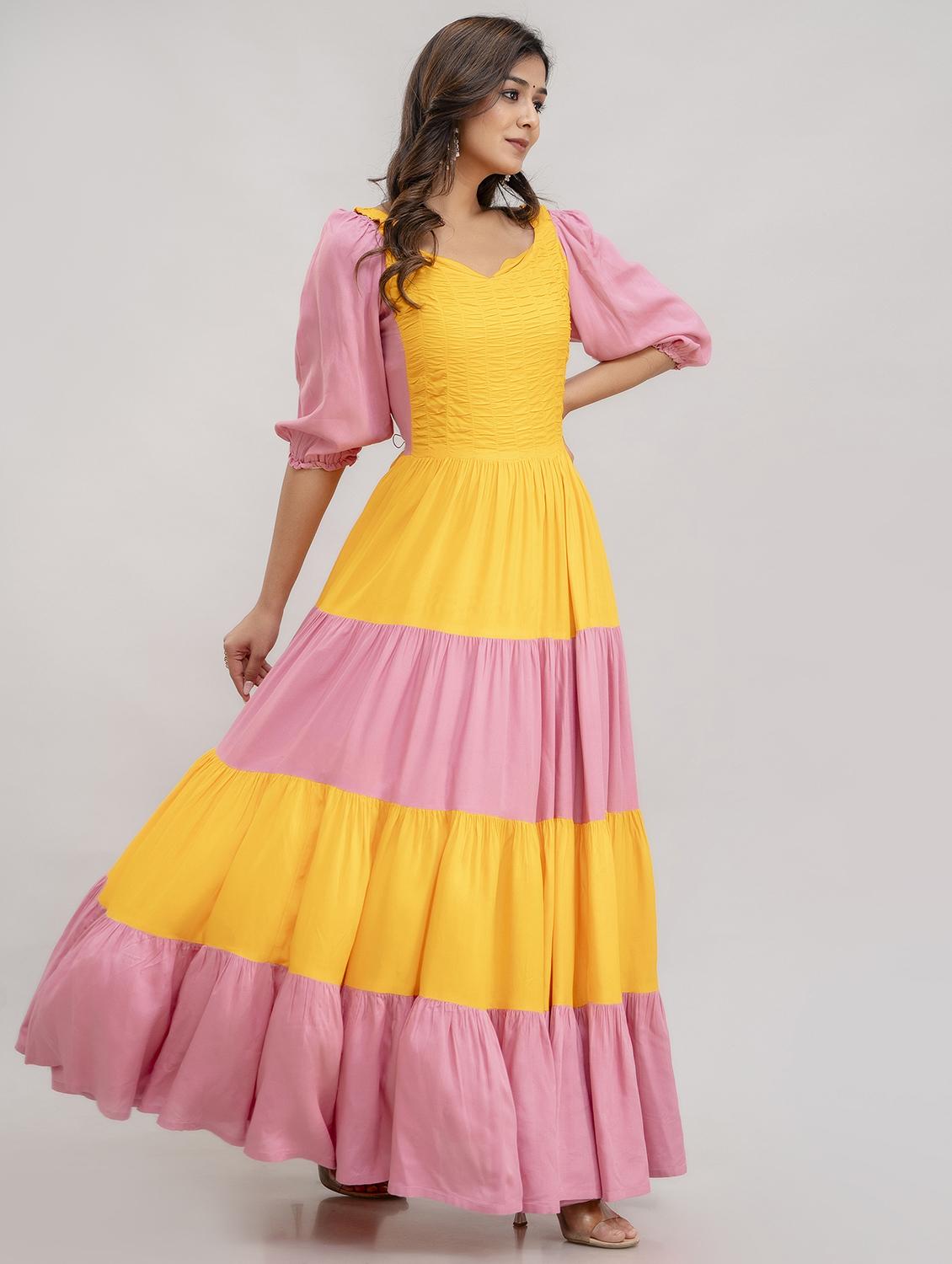 women yellow & pink color block puff sleeve tiered dress - 21954476 -  Zoom Image - 0