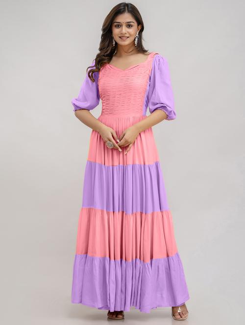 women pink & lavender color block puff sleeve tiered dress - 21954477 -  Standard Image - 0
