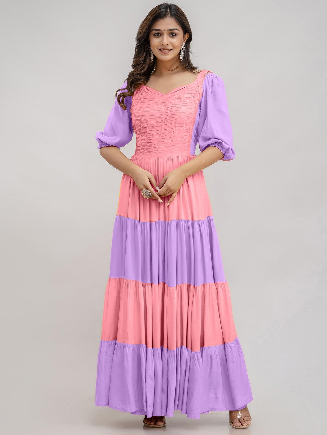 women pink & lavender color block puff sleeve tiered dress - 21954477 -  Zoom Image - 0