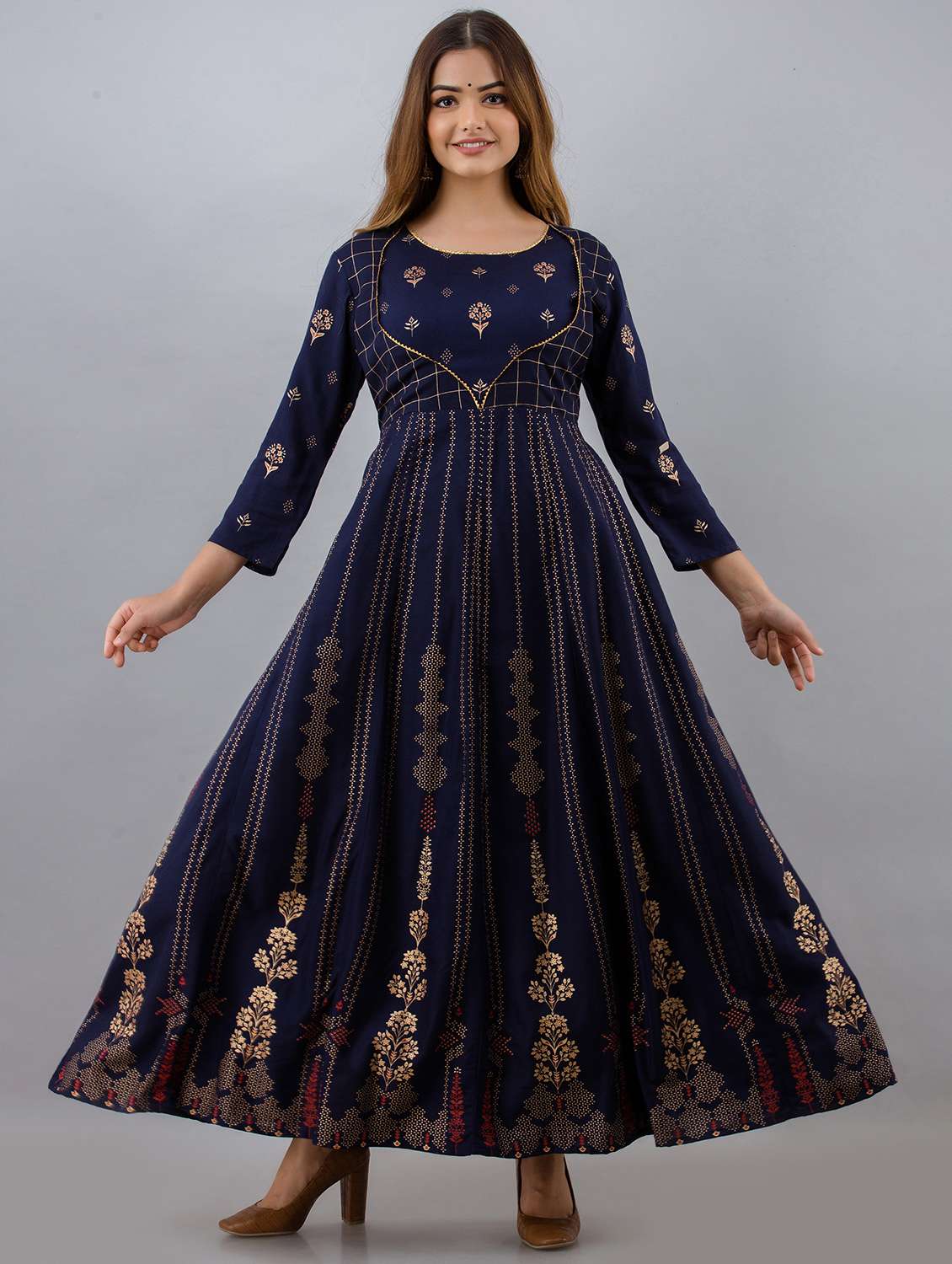 women three quarter sleeve anarkali ethnic dress
