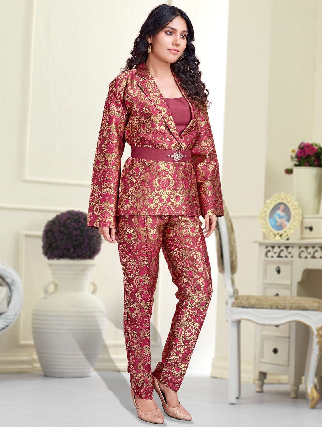 women brocade blazer and trouser co-ord set - 21954600 -  Standard Image - 2