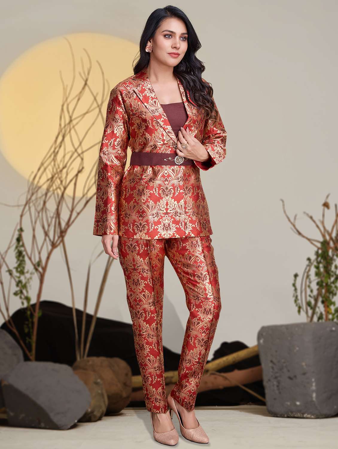 women brocade blazer and trouser co-ord set - 21954601 -  Standard Image - 2