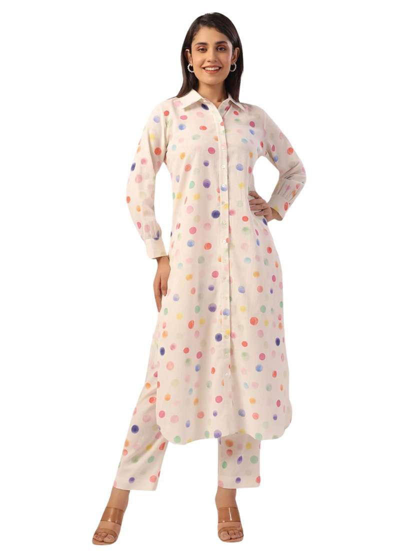 women polka dot long sleeve kurta pant set