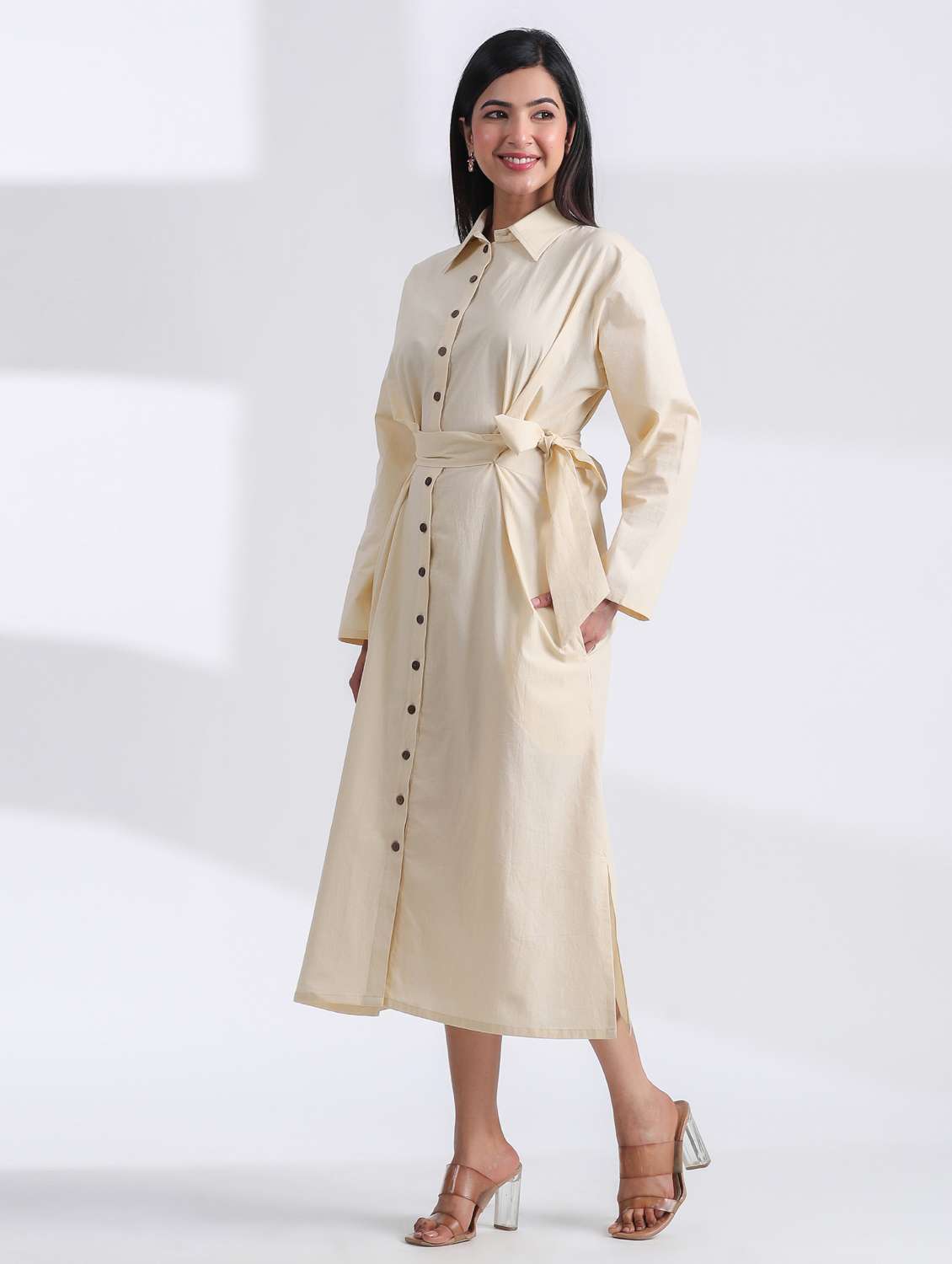women solid long sleeve shirt dress - 21954639 - Standard Image - 2