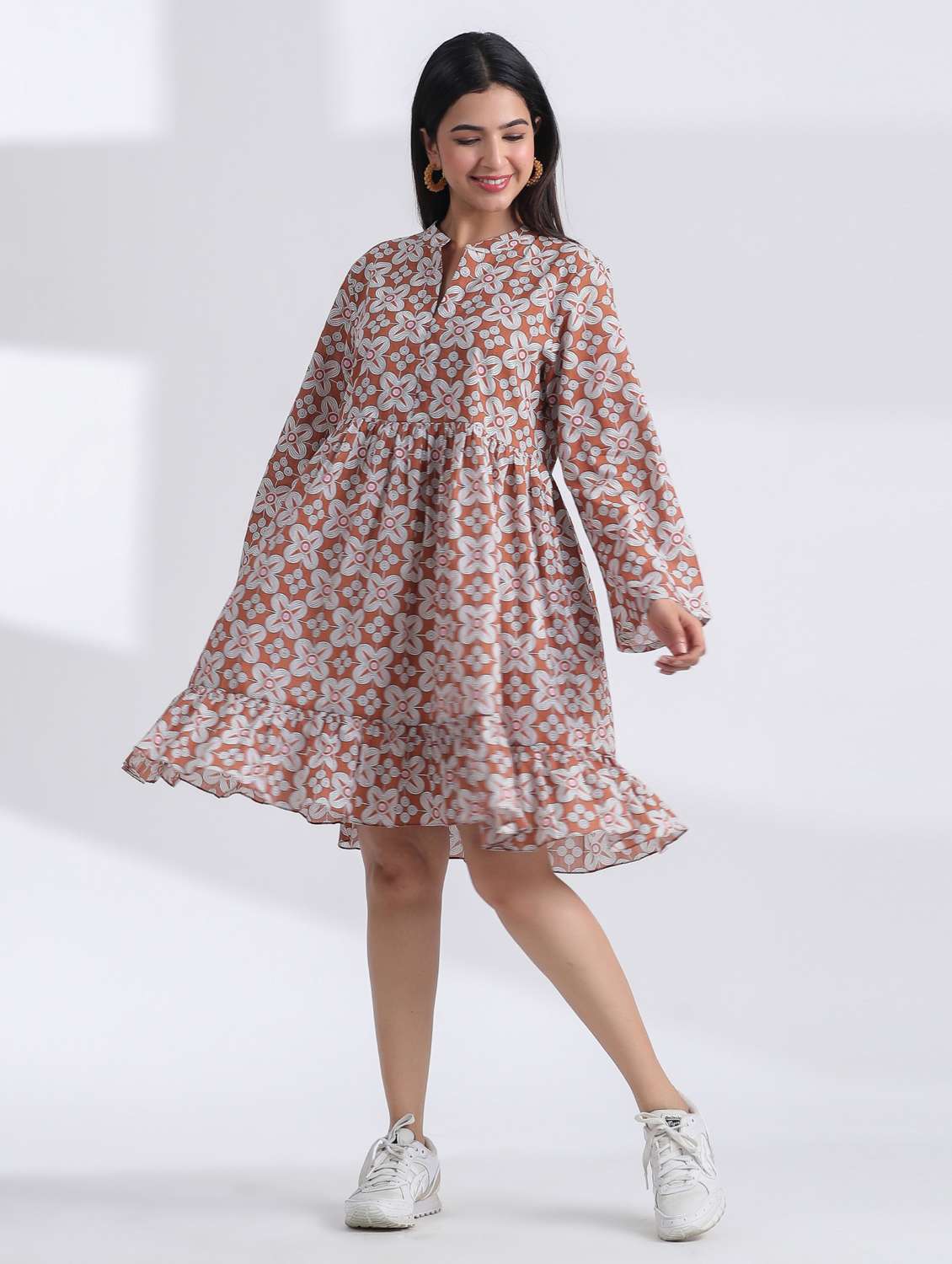 women printed long sleeve tiered ethnic dress