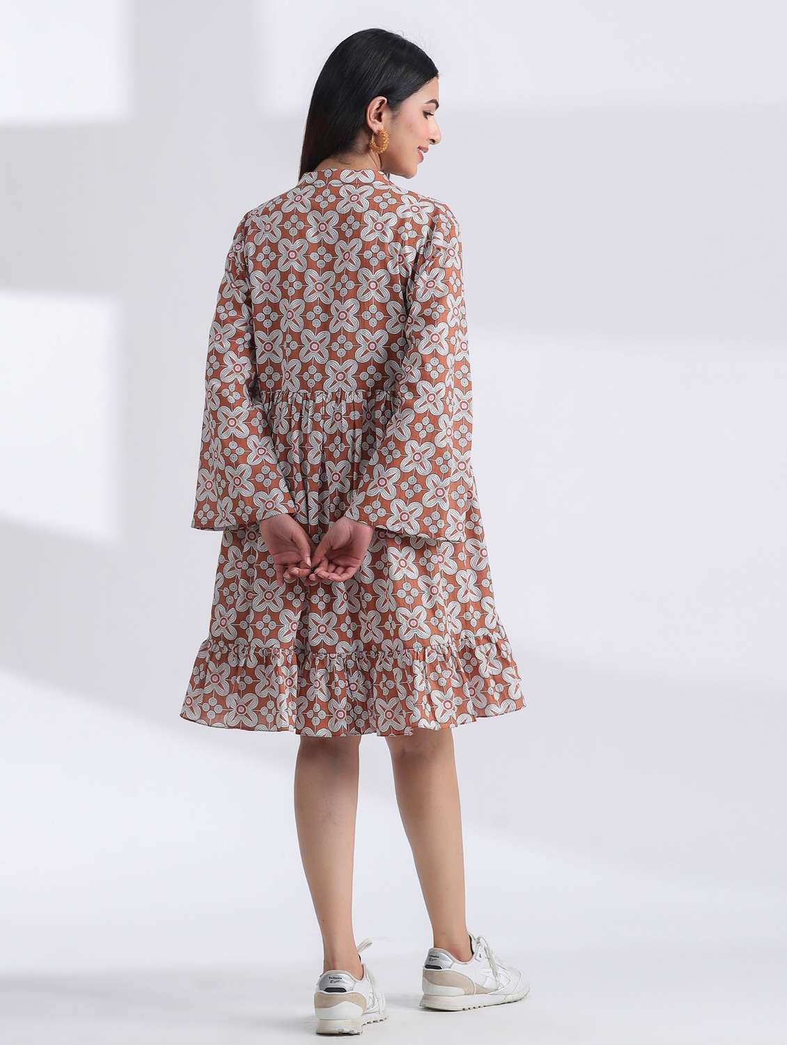 women printed long sleeve tiered ethnic dress - 21954642 - Standard Image - 2