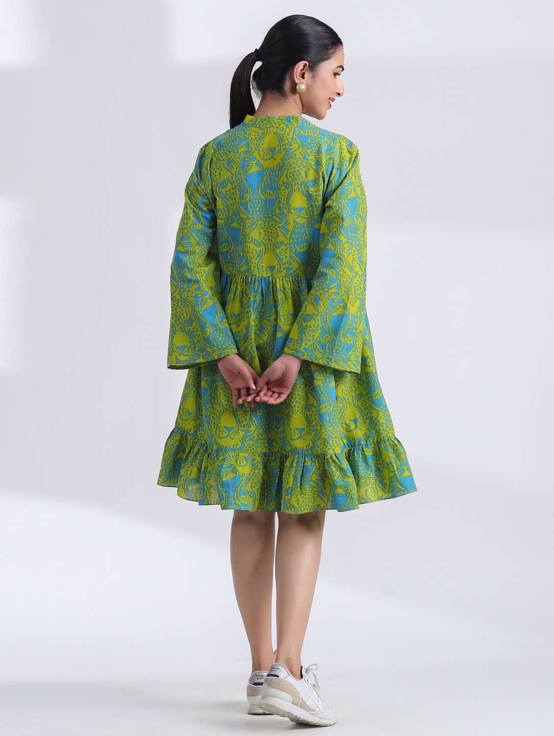 women printed long sleeve tiered ethnic dress - 21954645 - Standard Image - 2
