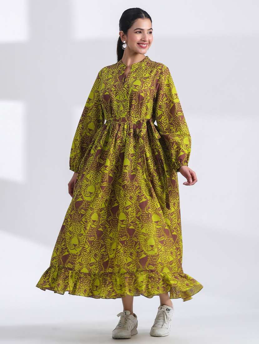 women printed long sleeve tiered ethnic dress - 21954646 - Standard Image - 2