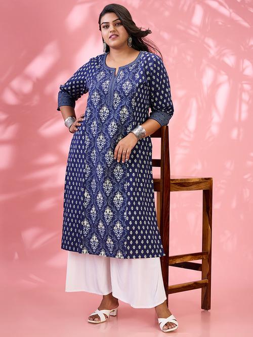 globus gloplus women blue round neck ethnic & floral print panelled straight plus size kurta - 21954878 - Standard Image - 0