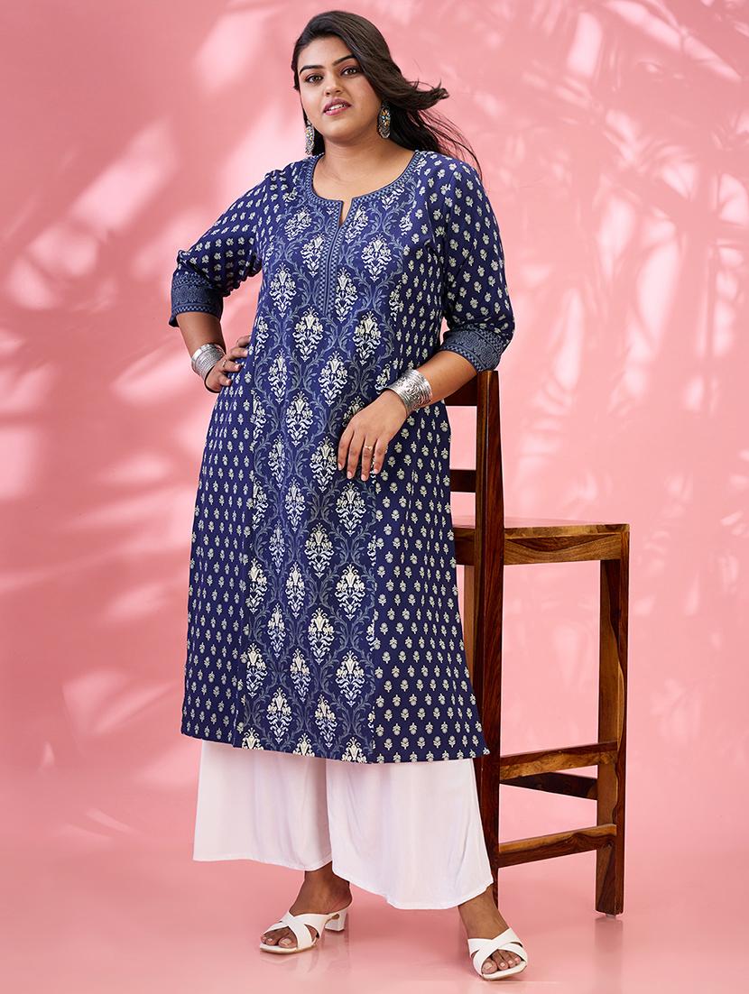 globus gloplus women blue round neck ethnic & floral print panelled straight plus size kurta - 21954878 - Zoom Image - 0
