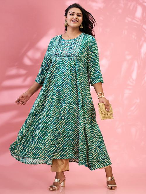 globus gloplus women green round embroidered yoke geometric print flared hem plus size a-line kurta - 21954880 -  Standard Image - 0
